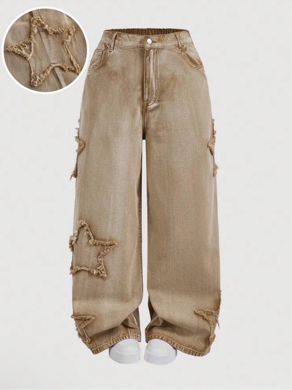 Wide Leg Star Baggy Denim Jeans in Tan Cotton Blend Brown New Boutique